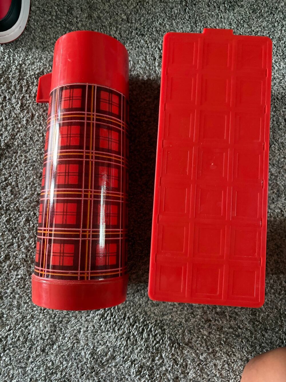 Vintage Aladdins Plaid quart thermos with food case and carrying bag
